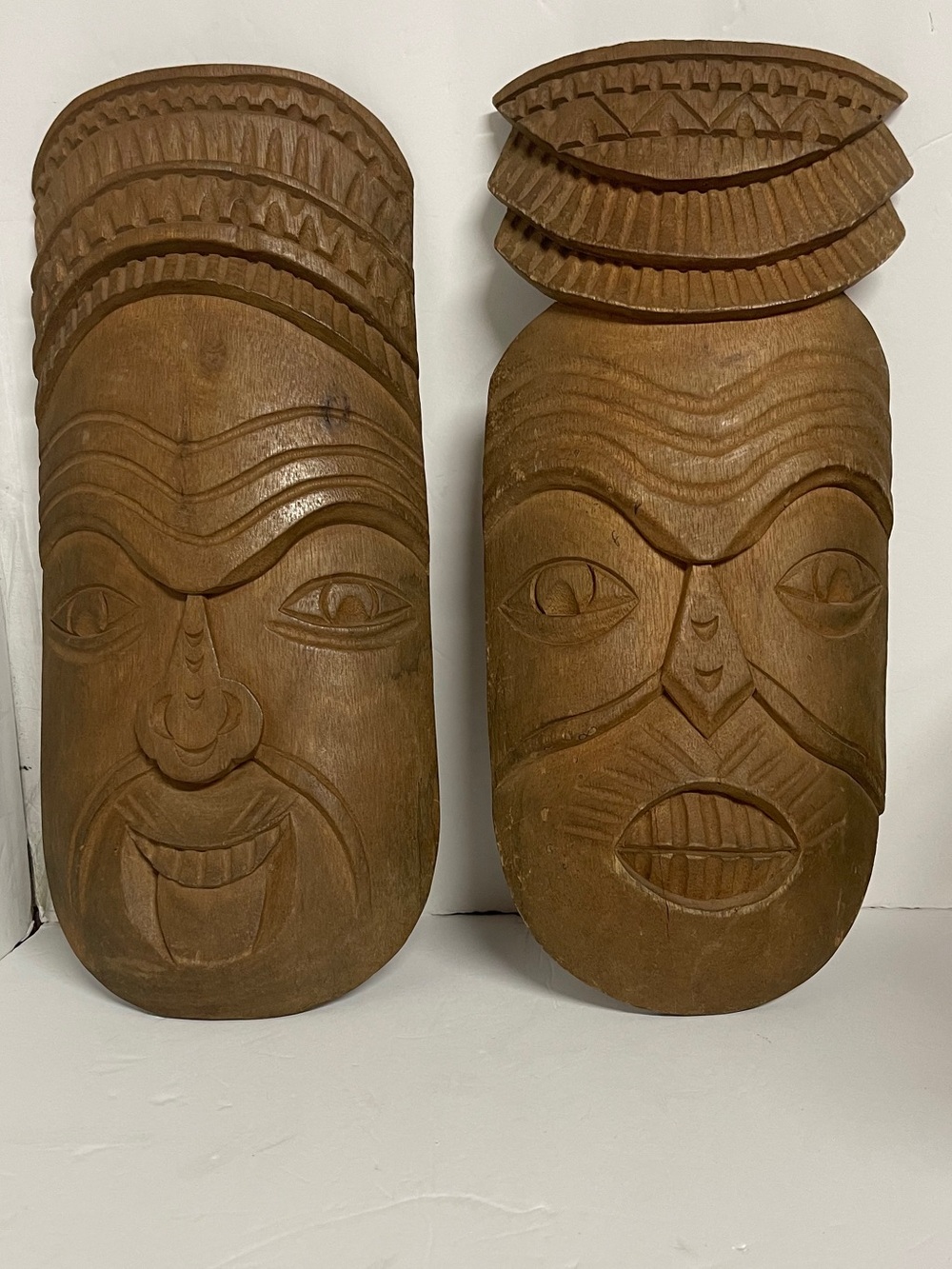 2 Vintage Tribal Tiki Hand-Carved Wooden Faced Mask Wall Accent Decor